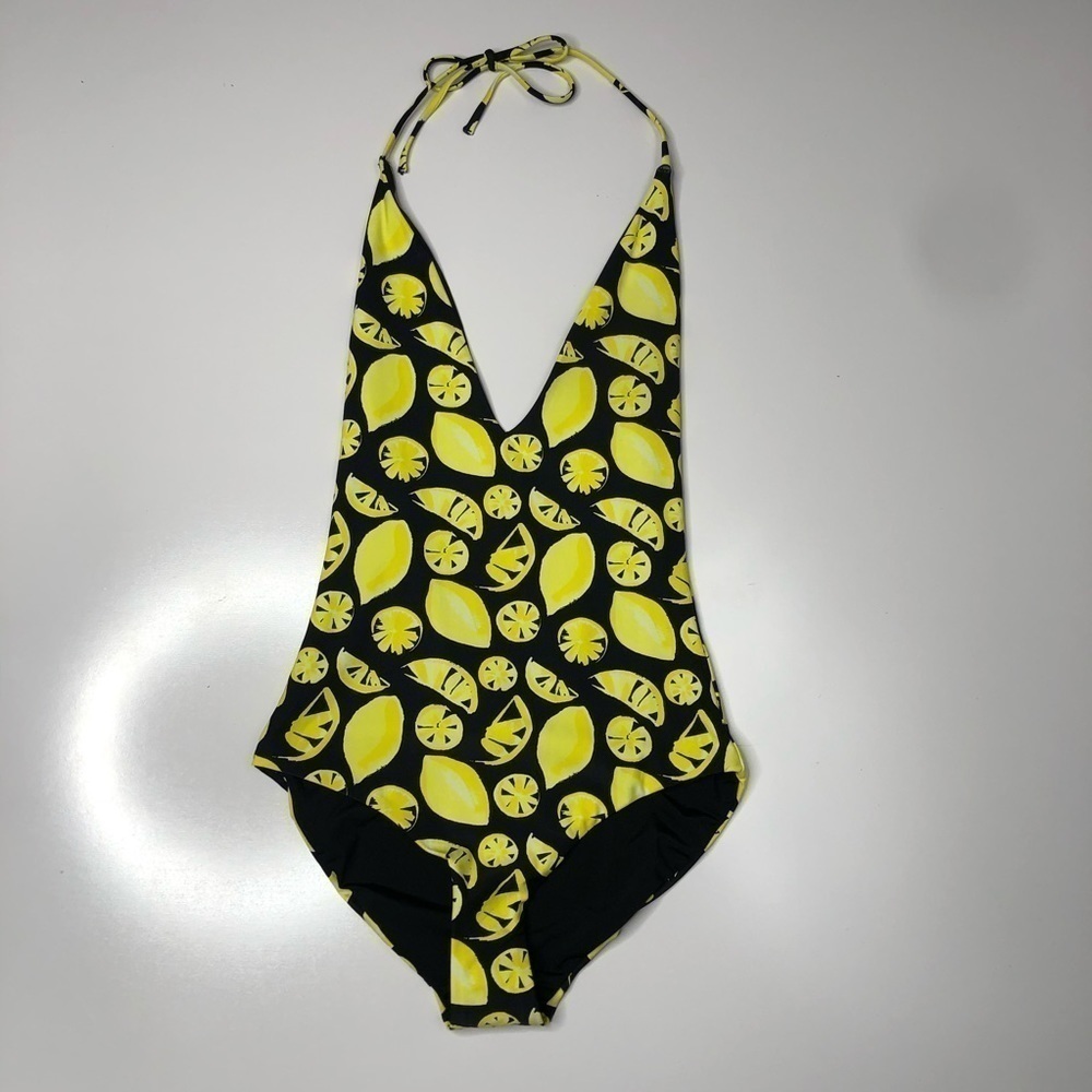 New Onia Lemonade Lemon Black & Yellow Deep V Halter Neck Tie One Piece Swimsuit